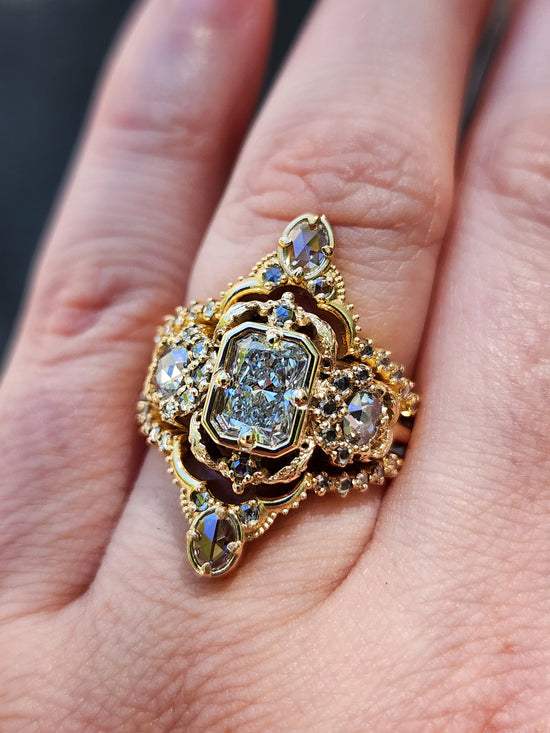 Radiant Diamond Goodnight Moon Ring with Rose Cut Diamonds and Fancy Gold Scrollwork image 15