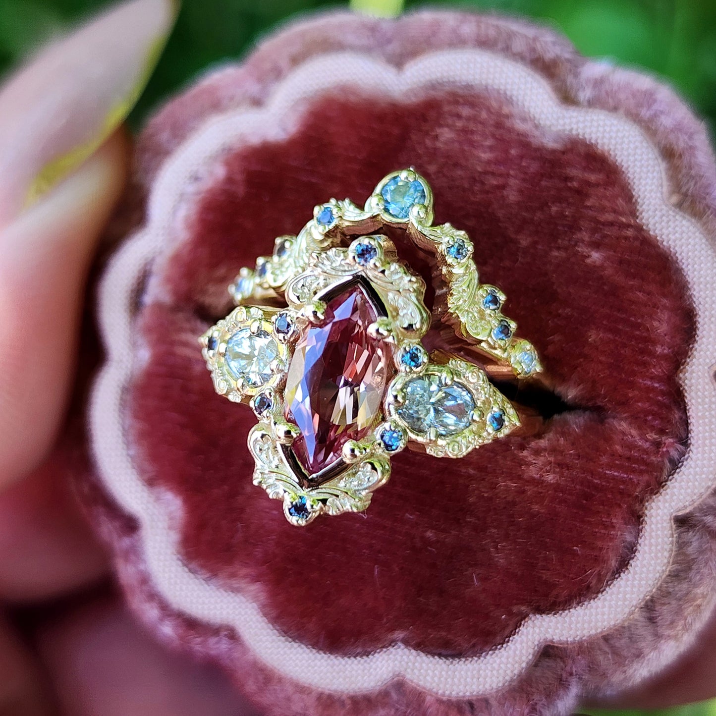 Chatham Peachy Pink Champagne Sapphire Josephine Engagement Ring Set with Oval Side Stones 14k Yellow Gold with color change Alexandrite Accents unique fairytale ring image 3