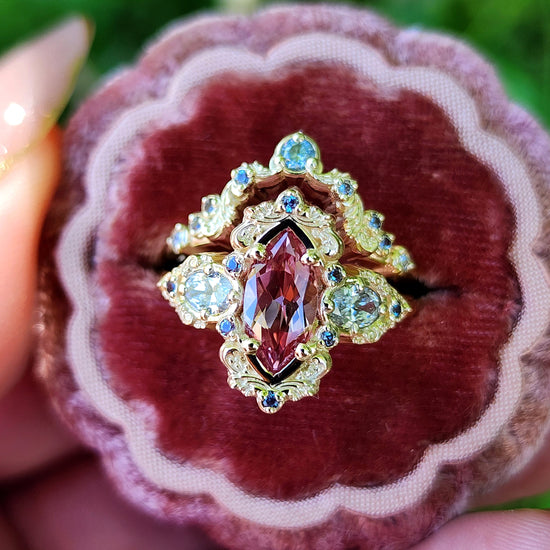 Chatham Peachy Pink Champagne Sapphire Josephine Engagement Ring Set with Oval Side Stones 14k Yellow Gold with color change Alexandrite Accents unique fairytale ring image 6