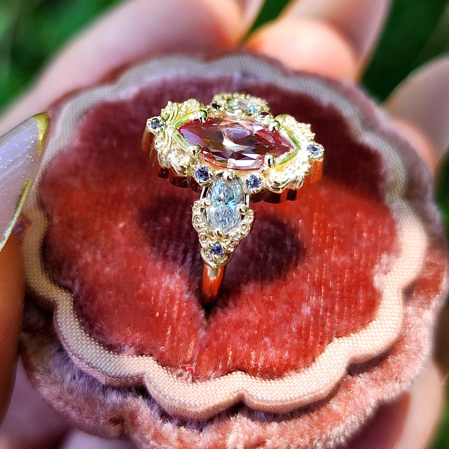 Chatham Peachy Pink Champagne Sapphire Josephine Engagement Ring Set with Oval Side Stones 14k Yellow Gold with color change Alexandrite Accents unique fairytale ring image 4