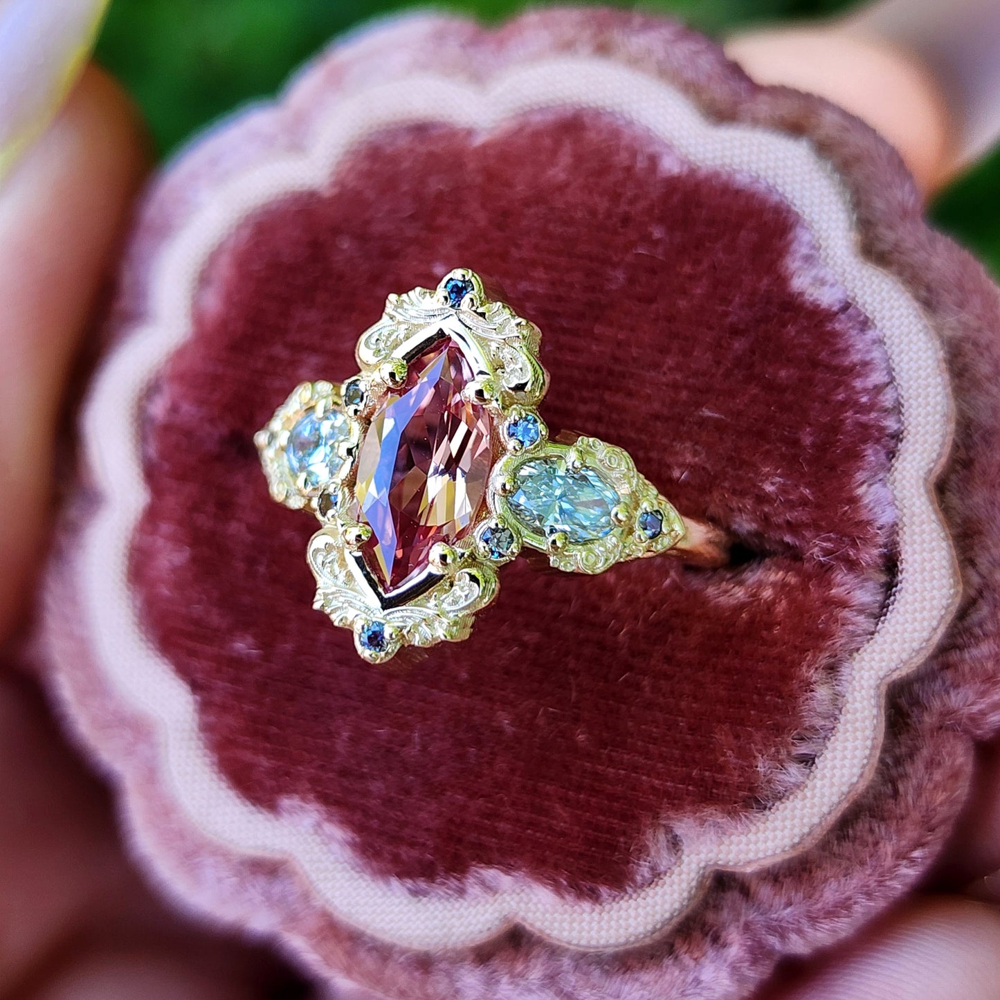 Chatham Peachy Pink Champagne Sapphire Josephine Engagement Ring Set with Oval Side Stones 14k Yellow Gold with color change Alexandrite Accents unique fairytale ring image 5