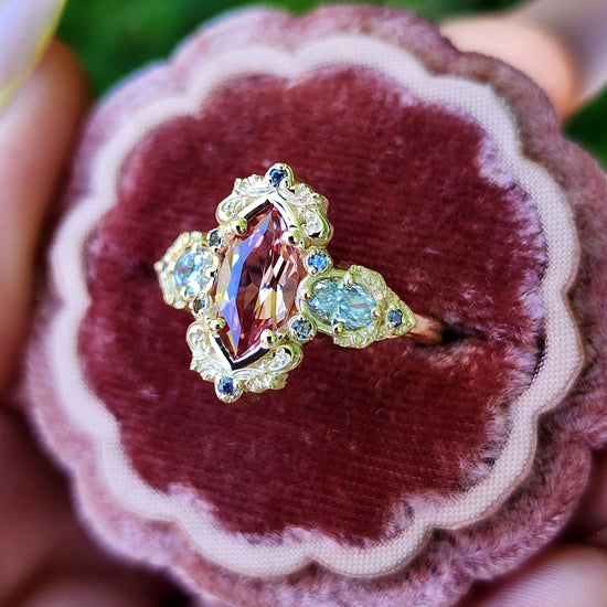 Chatham Peachy Pink Champagne Sapphire Josephine Engagement Ring Set with Oval Side Stones 14k Yellow Gold with color change Alexandrite Accents unique fairytale ring image 5