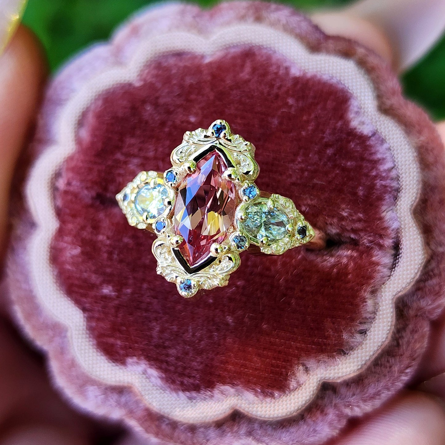 Chatham Peachy Pink Champagne Sapphire Josephine Engagement Ring Set with Oval Side Stones 14k Yellow Gold with color change Alexandrite Accents unique fairytale ring image 7