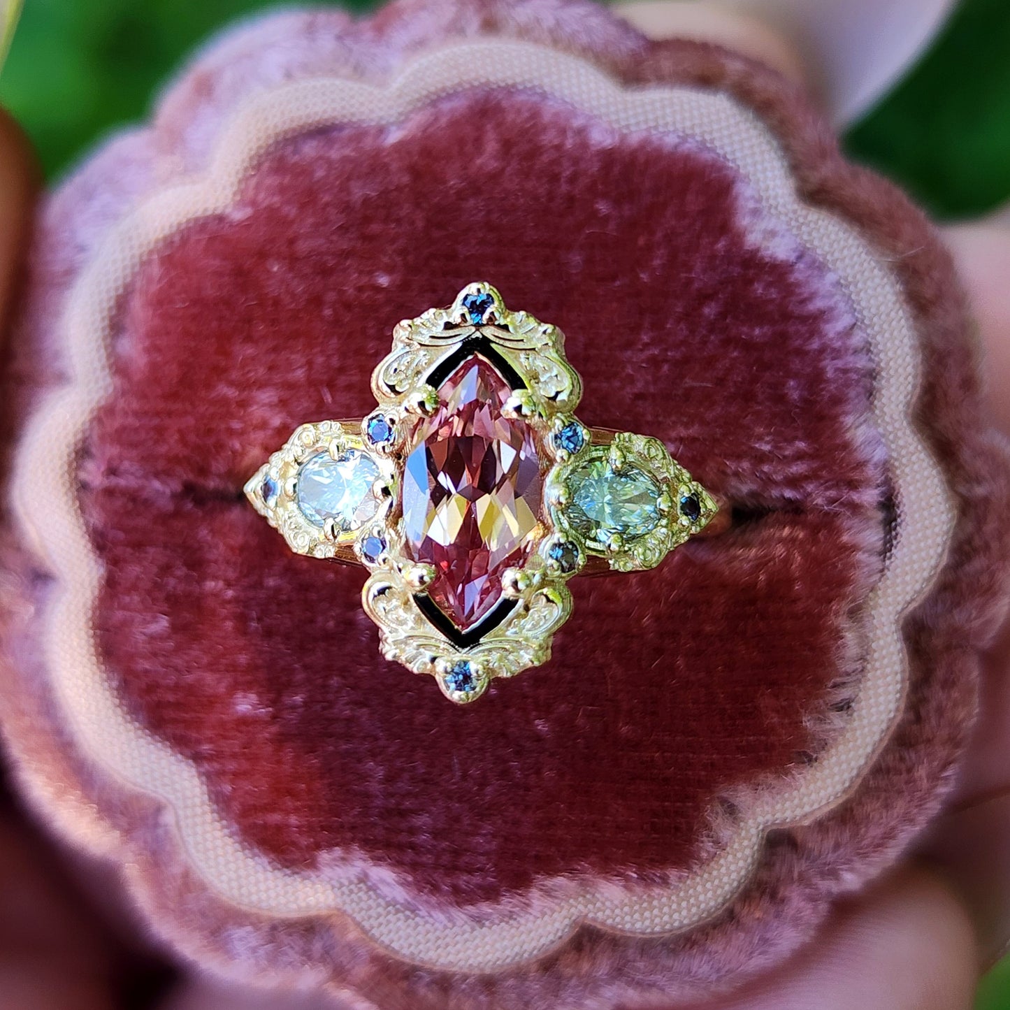 Chatham Peachy Pink Champagne Sapphire Josephine Engagement Ring Set with Oval Side Stones 14k Yellow Gold with color change Alexandrite Accents unique fairytale ring image 8