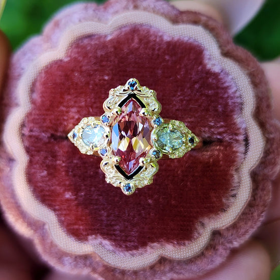 Chatham Peachy Pink Champagne Sapphire Josephine Engagement Ring Set with Oval Side Stones 14k Yellow Gold with color change Alexandrite Accents unique fairytale ring image 8
