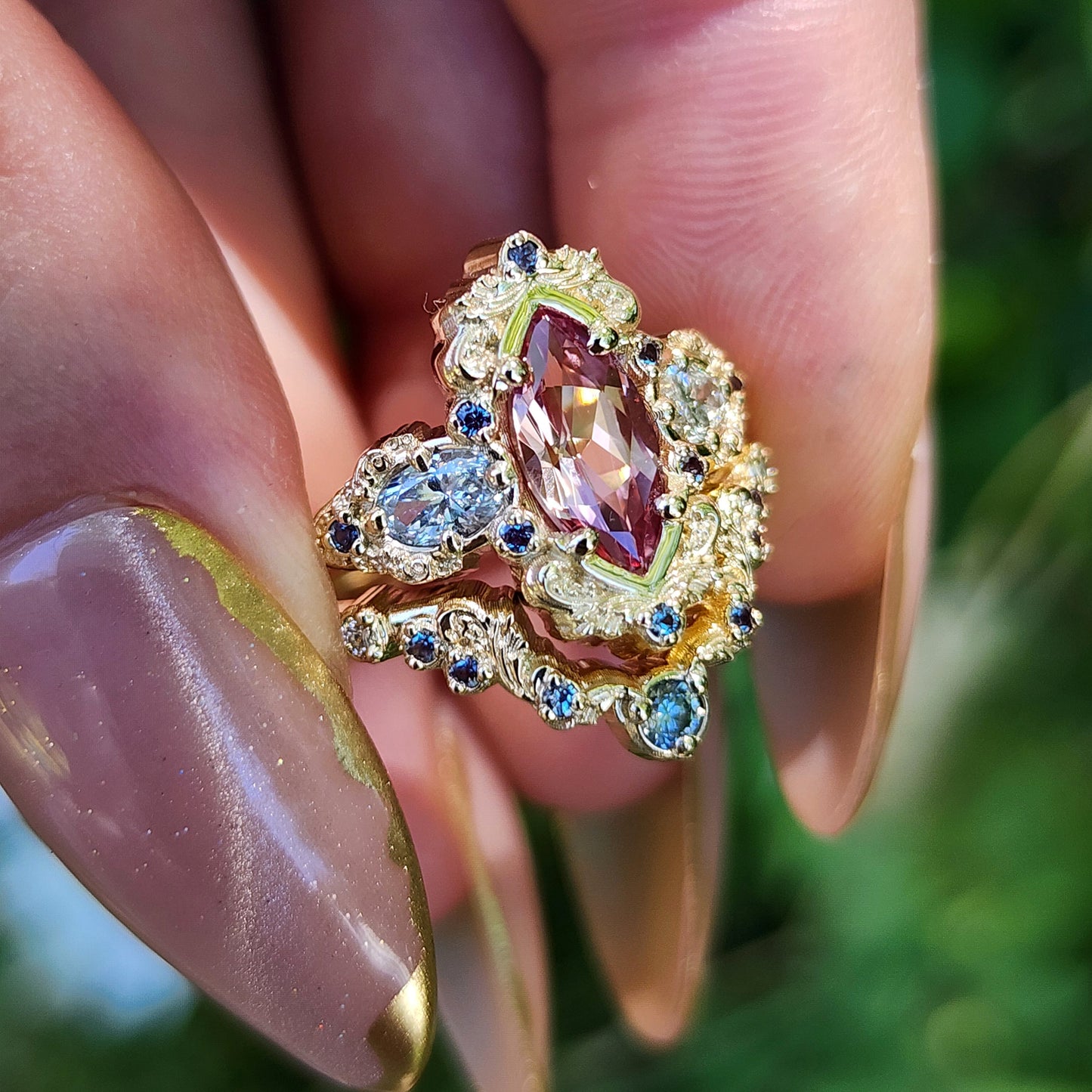 Chatham Peachy Pink Champagne Sapphire Josephine Engagement Ring Set with Oval Side Stones 14k Yellow Gold with color change Alexandrite Accents unique fairytale ring image 9