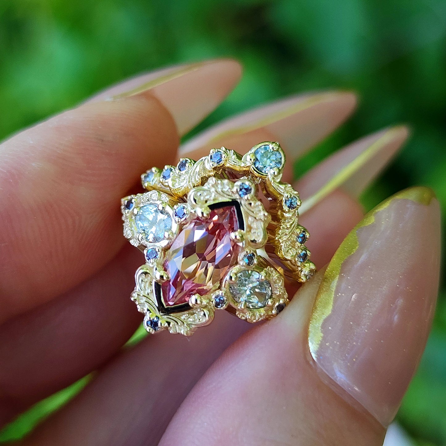 Chatham Peachy Pink Champagne Sapphire Josephine Engagement Ring Set with Oval Side Stones 14k Yellow Gold with color change Alexandrite Accents unique fairytale ring image 10