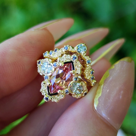 Chatham Peachy Pink Champagne Sapphire Josephine Engagement Ring Set with Oval Side Stones 14k Yellow Gold with color change Alexandrite Accents unique fairytale ring image 10