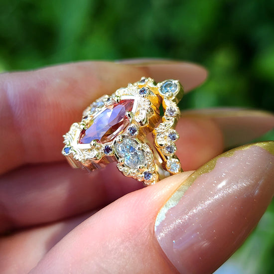 Chatham Peachy Pink Champagne Sapphire Josephine Engagement Ring Set with Oval Side Stones 14k Yellow Gold with color change Alexandrite Accents unique fairytale ring image 11