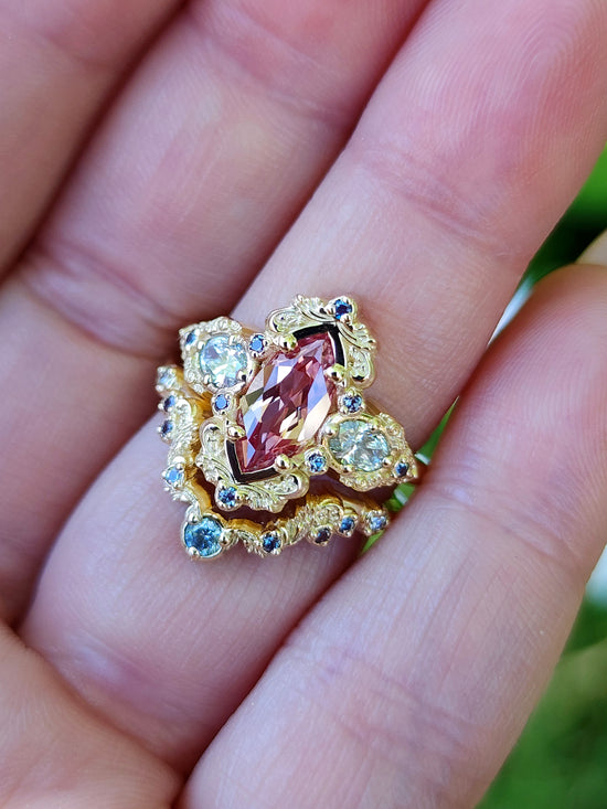 Chatham Peachy Pink Champagne Sapphire Josephine Engagement Ring Set with Oval Side Stones 14k Yellow Gold with color change Alexandrite Accents unique fairytale ring image 12