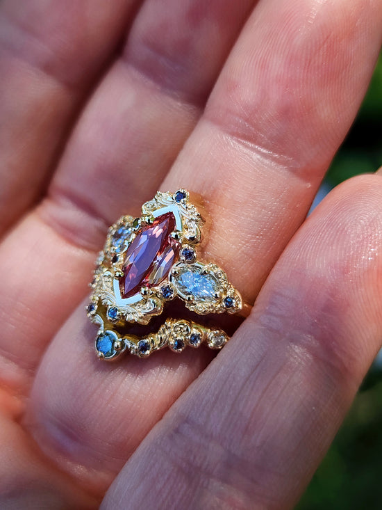 Chatham Peachy Pink Champagne Sapphire Josephine Engagement Ring Set with Oval Side Stones 14k Yellow Gold with color change Alexandrite Accents unique fairytale ring image 13