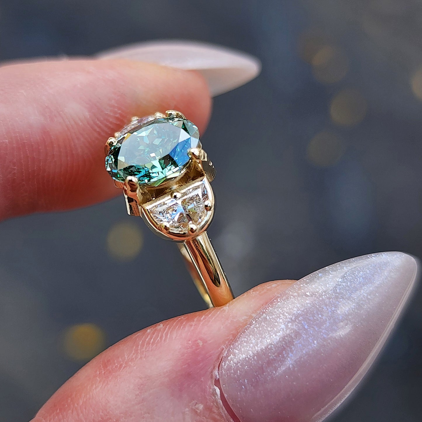 custom 3 stone engagement ring with half moon diamonds prong set center stone oval marquise round 14k gold build your own by swankmetalsmithing image 9