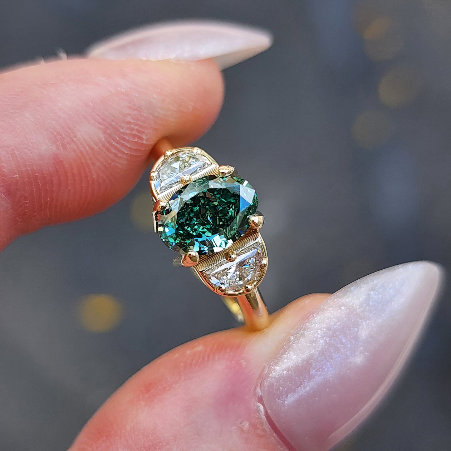 custom 3 stone engagement ring with half moon diamonds prong set center stone oval marquise round 14k gold build your own by swankmetalsmithing image 8