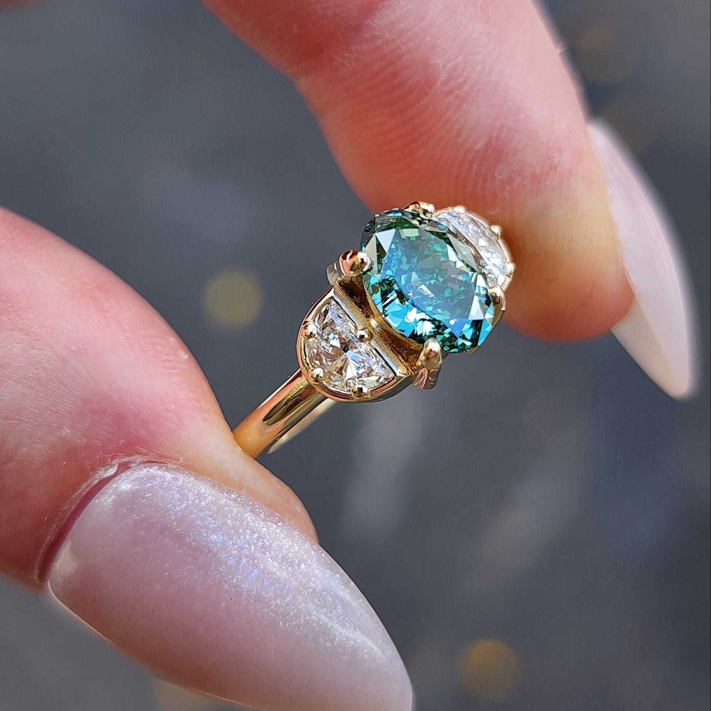 custom 3 stone engagement ring with half moon diamonds prong set center stone oval marquise round 14k gold build your own by swankmetalsmithing image 10