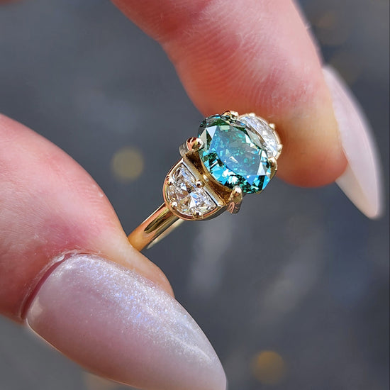 custom 3 stone engagement ring with half moon diamonds prong set center stone oval marquise round 14k gold build your own by swankmetalsmithing image 10