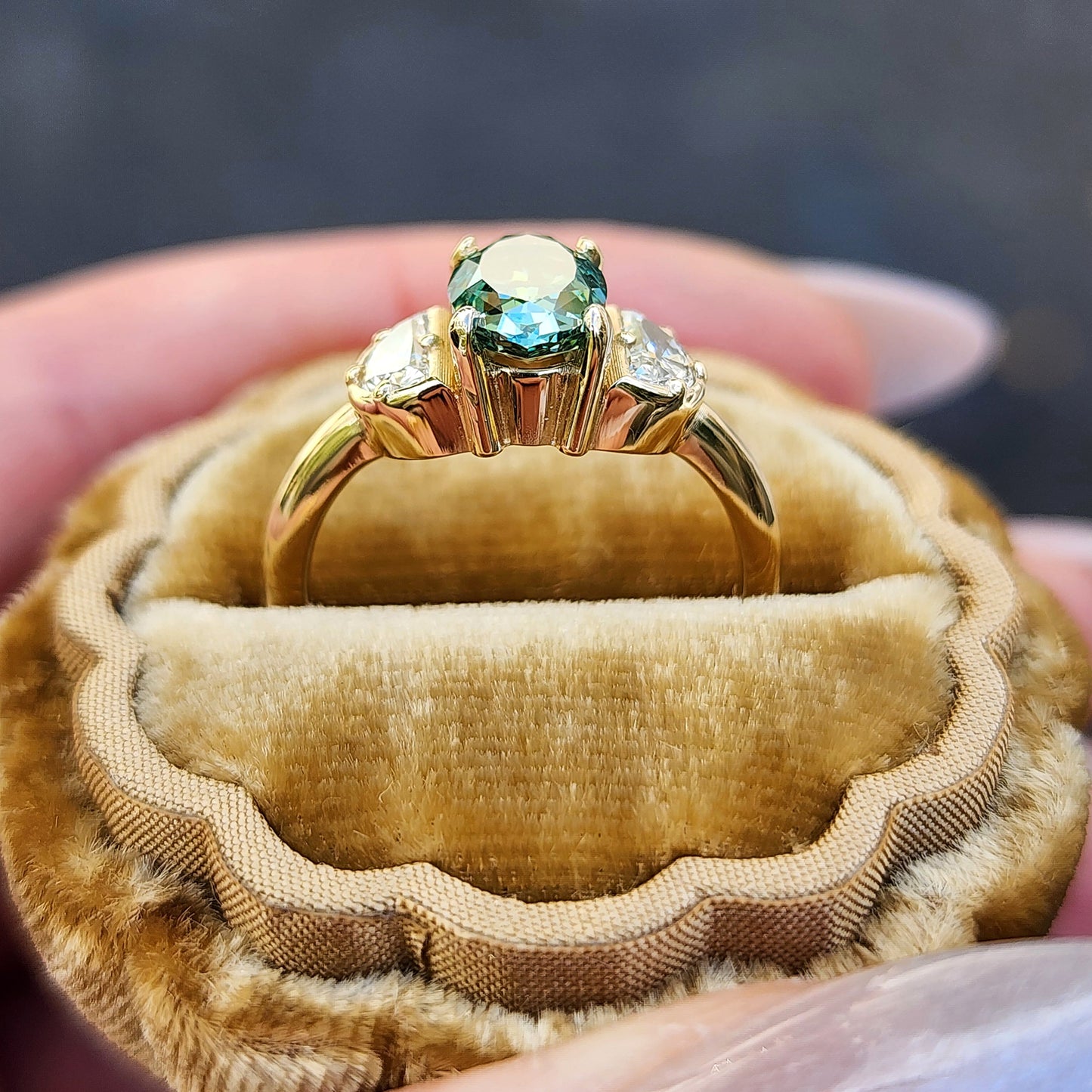 custom 3 stone engagement ring with half moon diamonds prong set center stone oval marquise round 14k gold build your own by swankmetalsmithing image 6