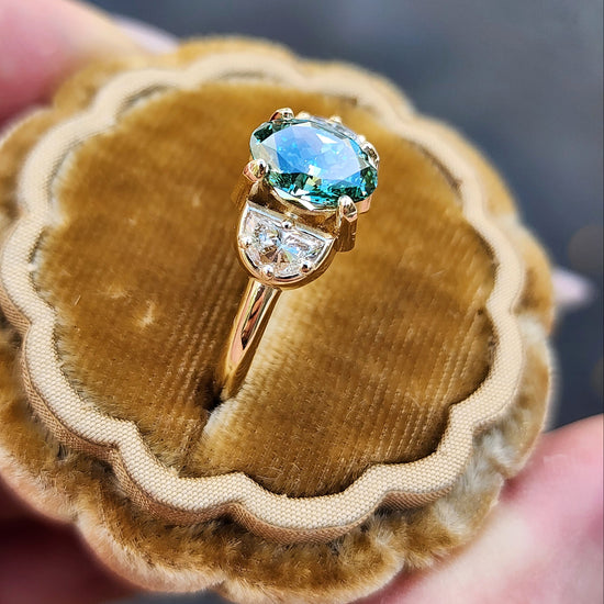 custom 3 stone engagement ring with half moon diamonds prong set center stone oval marquise round 14k gold build your own by swankmetalsmithing image5