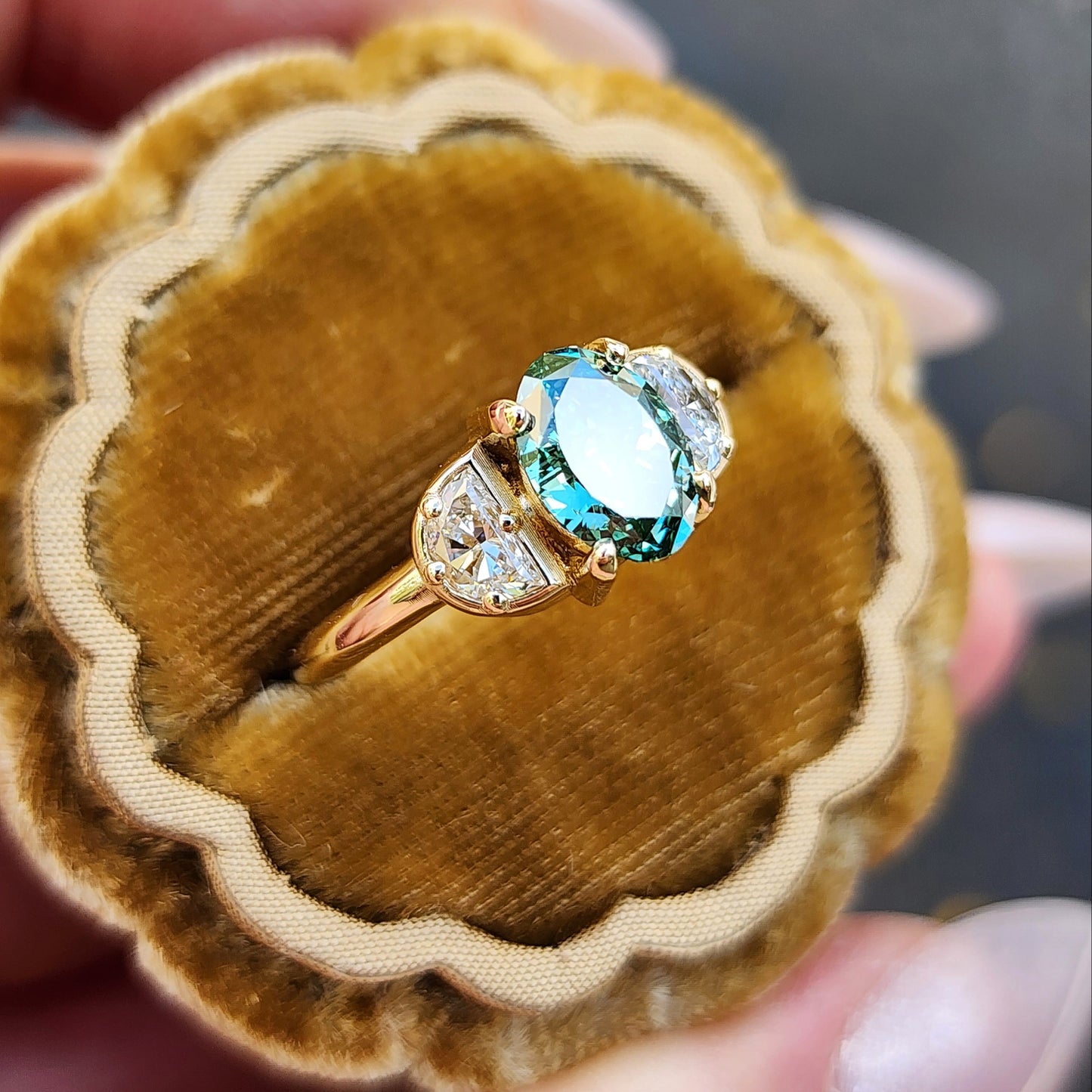 custom 3 stone engagement ring with half moon diamonds prong set center stone oval marquise round 14k gold build your own by swankmetalsmithing image 4