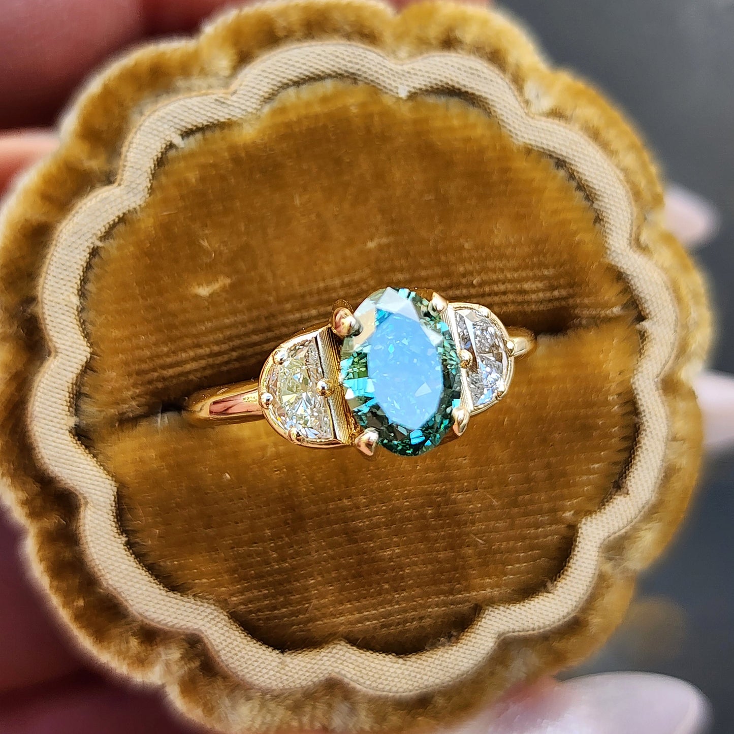 custom 3 stone engagement ring with half moon diamonds prong set center stone oval marquise round 14k gold build your own by swankmetalsmithing image 3