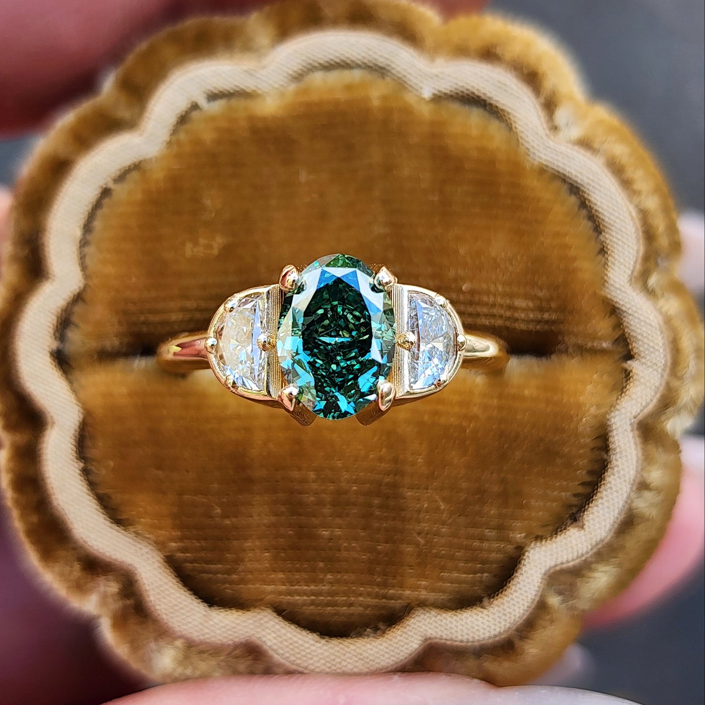 custom 3 stone engagement ring with half moon diamonds prong set center stone oval marquise round 14k gold build your own by swankmetalsmithing image 2