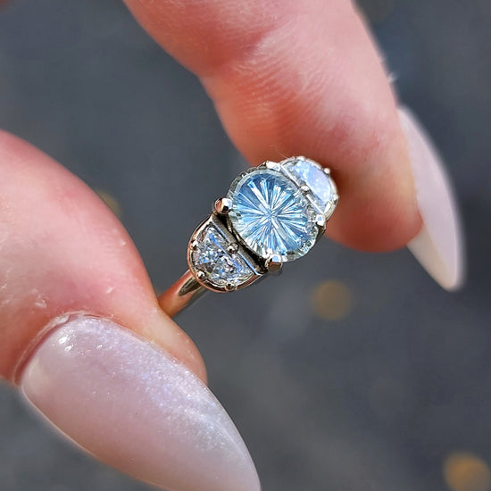 custom 3 stone engagement ring with half moon diamonds prong set center stone oval marquise round 14k gold build your own by swankmetalsmithing image 11