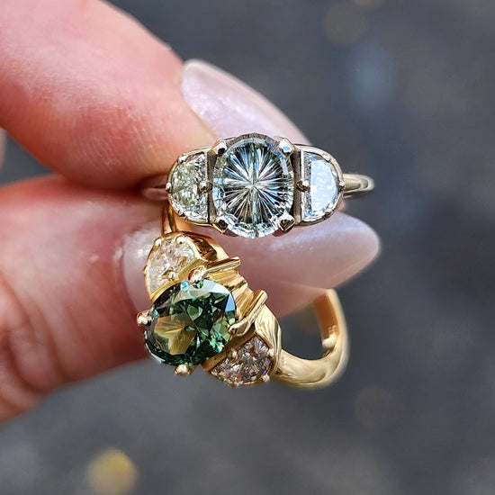 custom 3 stone engagement ring with half moon diamonds prong set center stone oval marquise round 14k gold build your own by swankmetalsmithing image 7