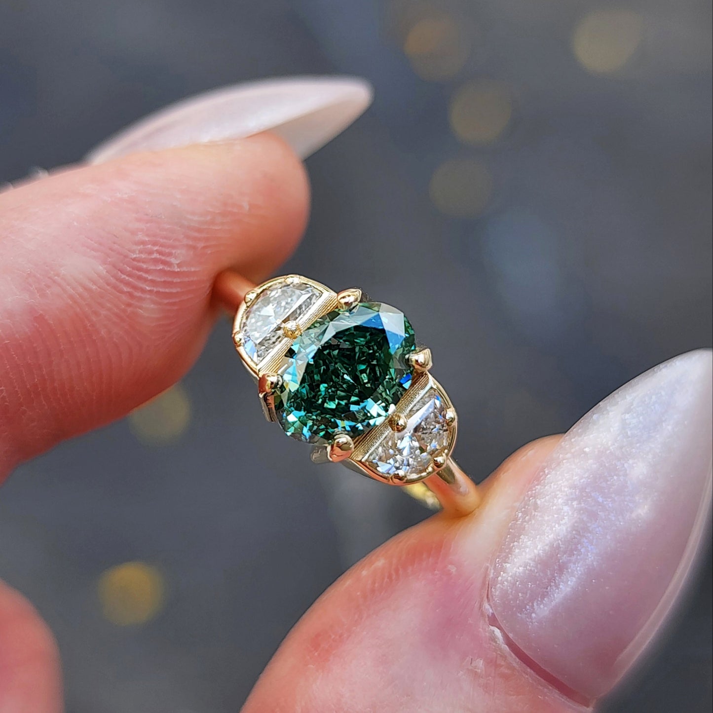 custom 3 stone engagement ring with half moon diamonds prong set center stone oval marquise round 14k gold build your own by swankmetalsmithing image 1