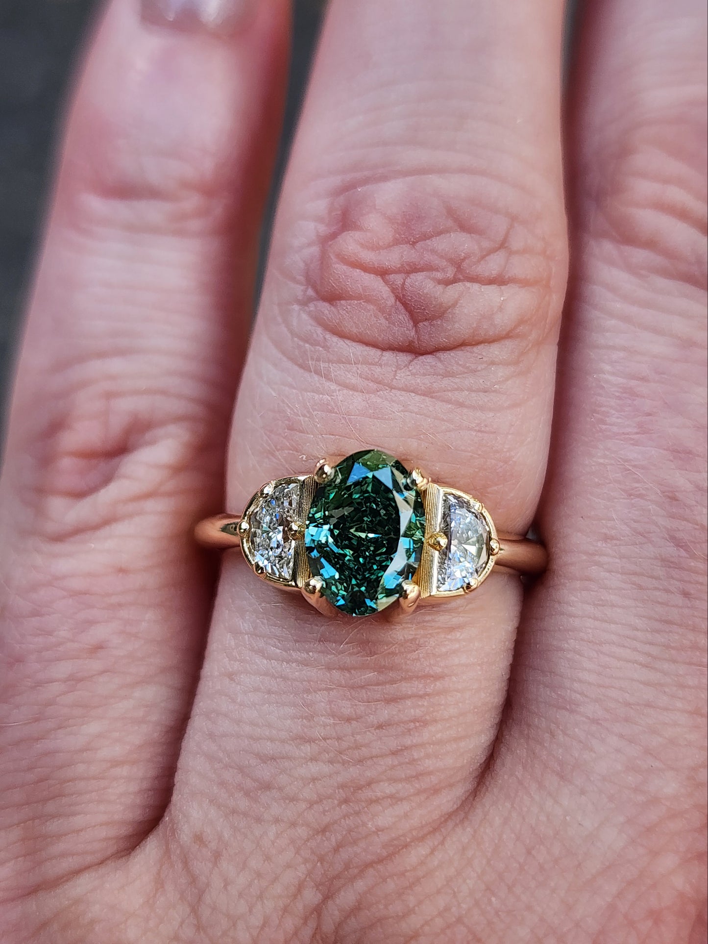 custom 3 stone engagement ring with half moon diamonds prong set center stone oval marquise round 14k gold build your own by swankmetalsmithing image 12