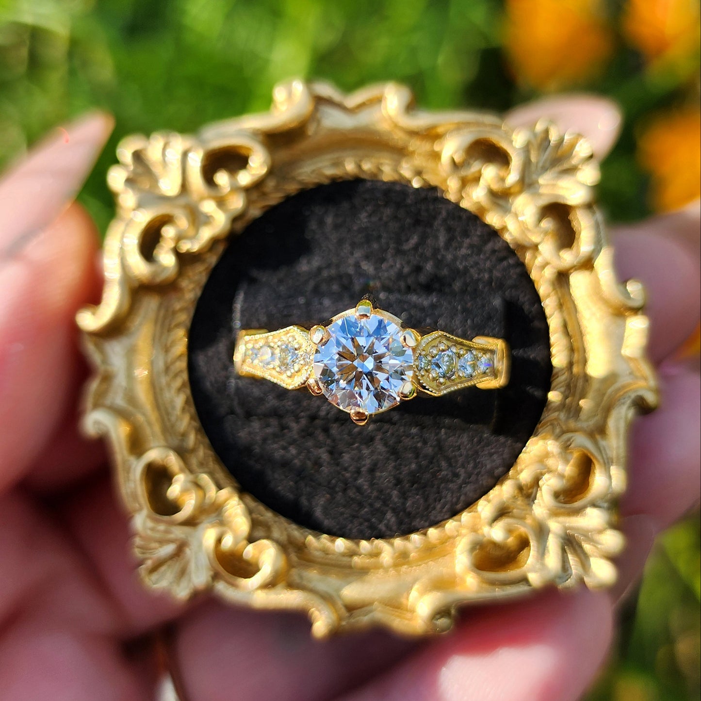 Hidden Rose Window Lab Diamond Engagement Ring - Millgrain Graduated Diamond Band Castle Inspired Wedding Fine Jewelry