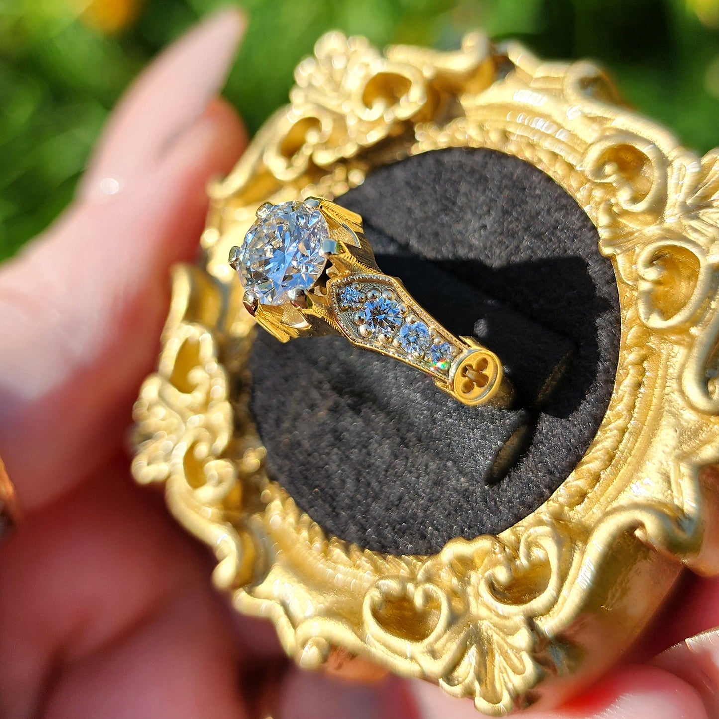 Hidden Rose Window Lab Diamond Engagement Ring - Millgrain Graduated Diamond Band Castle Inspired Wedding Fine Jewelry image 3