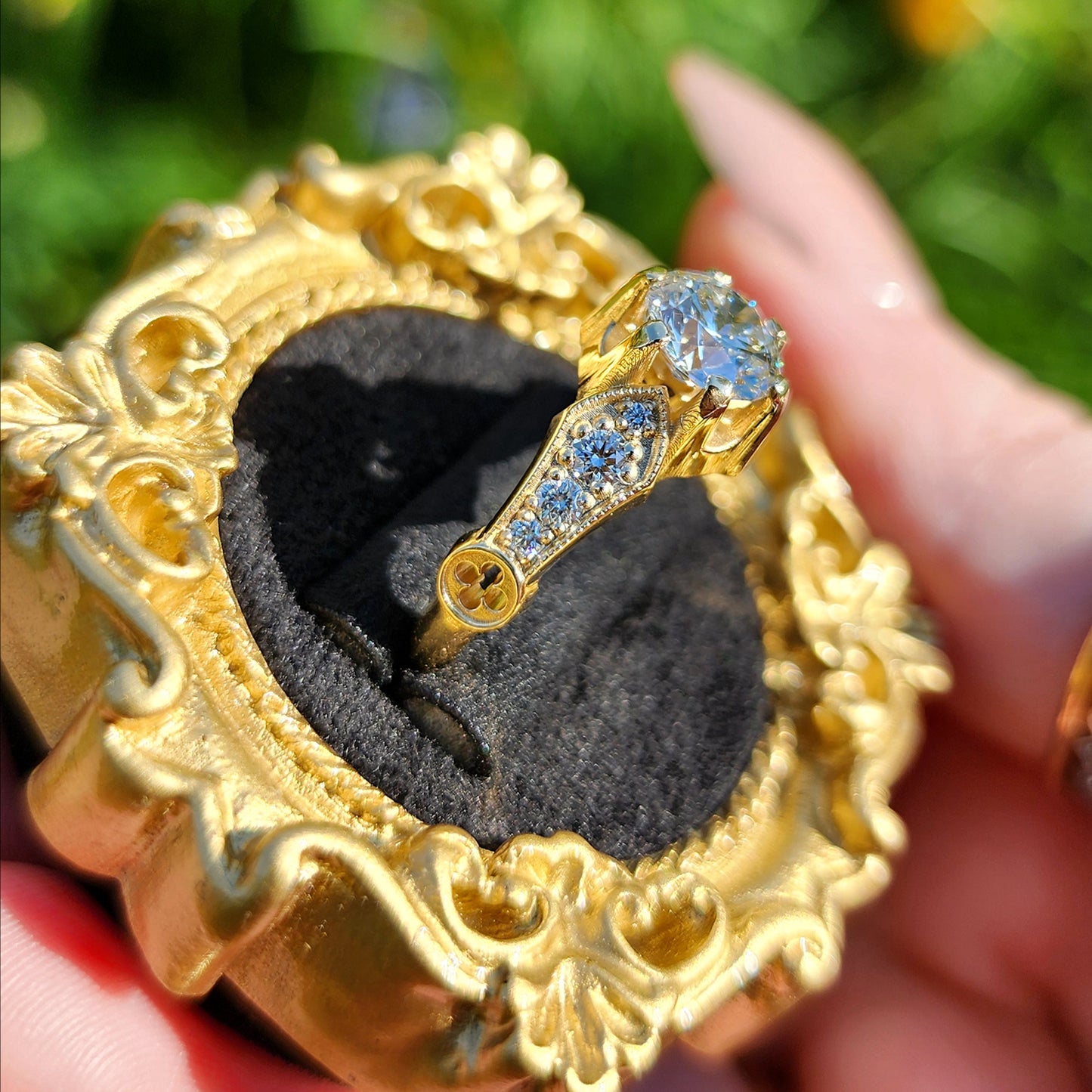 Hidden Rose Window Lab Diamond Engagement Ring - Millgrain Graduated Diamond Band Castle Inspired Wedding Fine Jewelry image 6