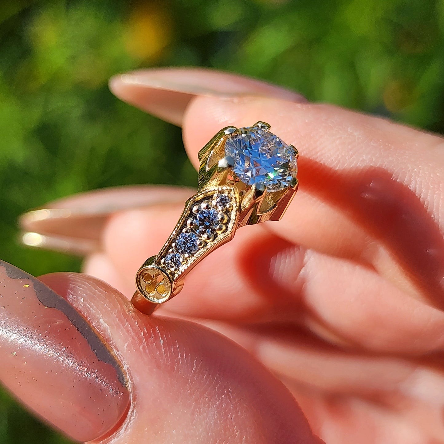 Hidden Rose Window Lab Diamond Engagement Ring - Millgrain Graduated Diamond Band Castle Inspired Wedding Fine Jewelry image 7