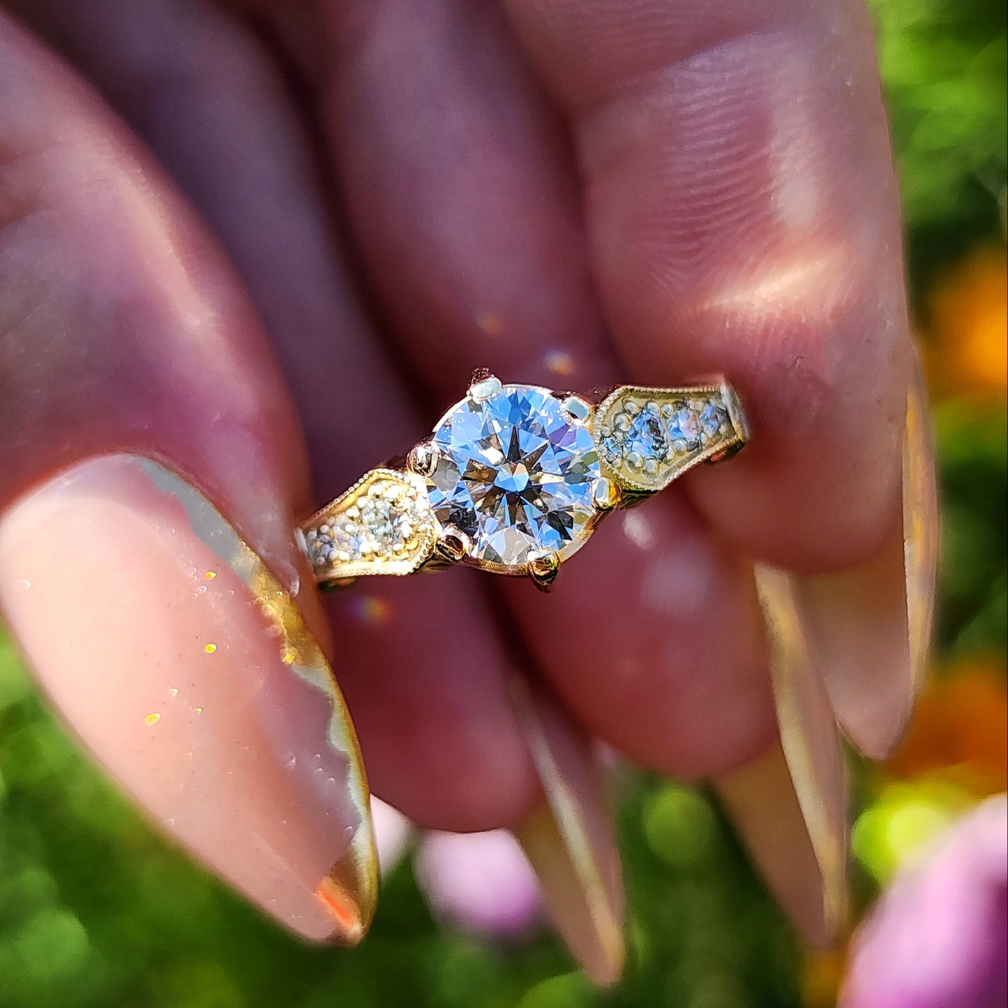 Hidden Rose Window Lab Diamond Engagement Ring - Millgrain Graduated Diamond Band Castle Inspired Wedding Fine Jewelry image 2