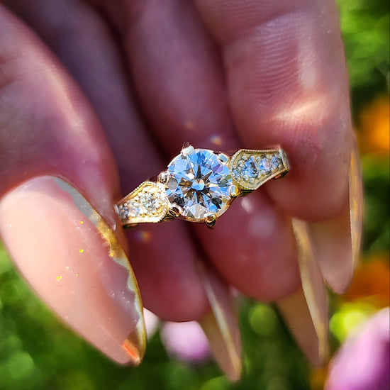 Hidden Rose Window Lab Diamond Engagement Ring - Millgrain Graduated Diamond Band Castle Inspired Wedding Fine Jewelry image 2