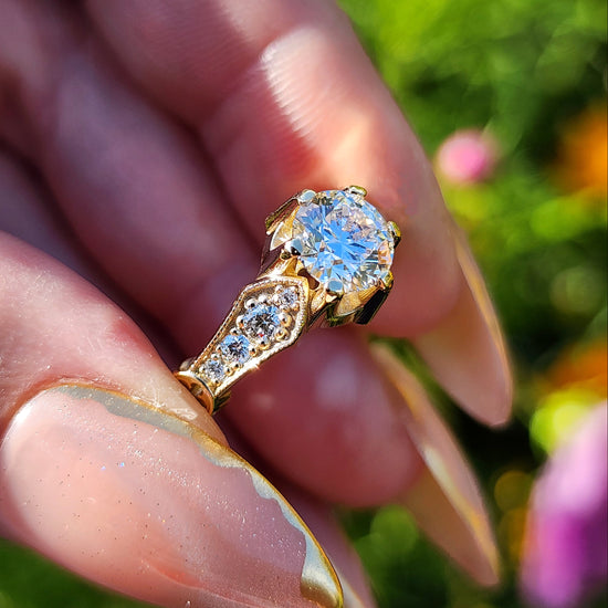 Hidden Rose Window Lab Diamond Engagement Ring - Millgrain Graduated Diamond Band Castle Inspired Wedding Fine Jewelry image 9