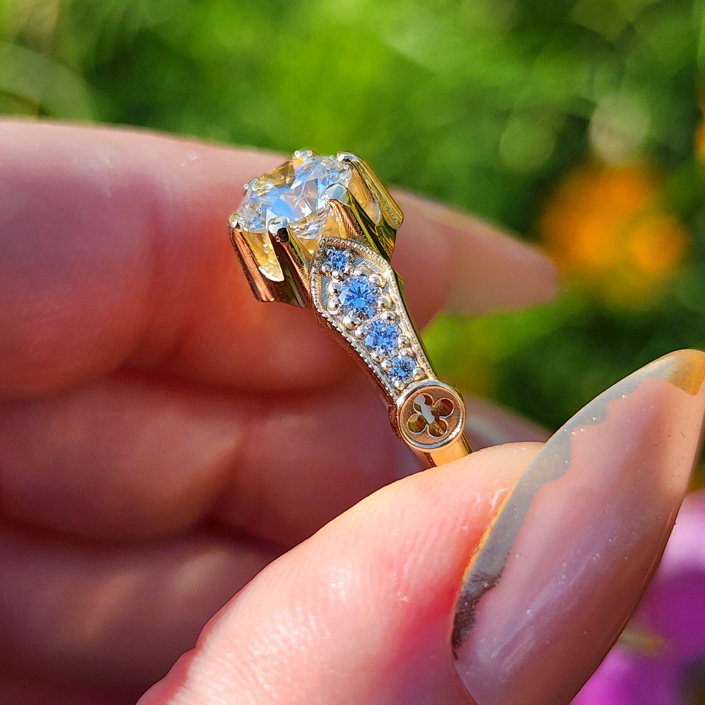 Hidden Rose Window Lab Diamond Engagement Ring - Millgrain Graduated Diamond Band Castle Inspired Wedding Fine Jewelry image 10