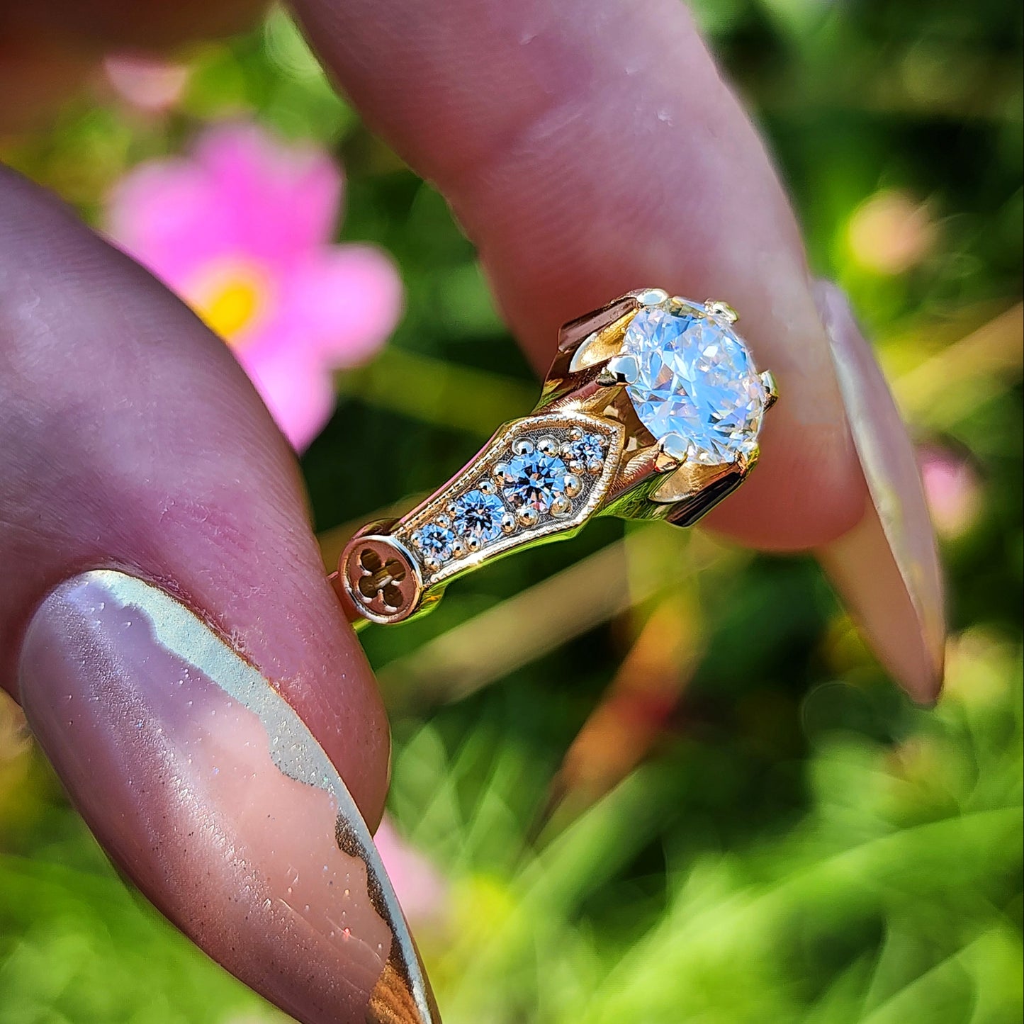 Hidden Rose Window Lab Diamond Engagement Ring - Millgrain Graduated Diamond Band Castle Inspired Wedding Fine Jewelry image 14