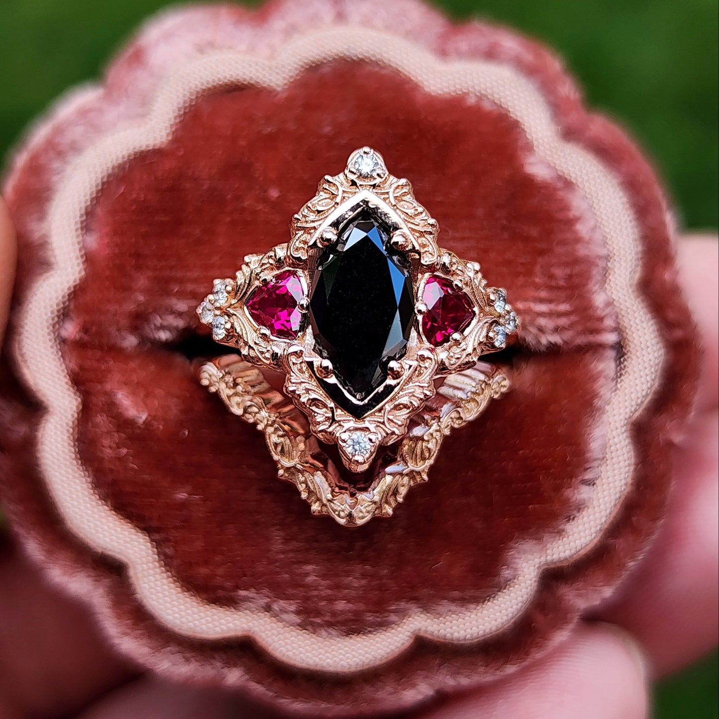 Marquise Black Diamond & Ruby Delilah Delicate Engagement Ring Set in 14k Rose Gold image 1