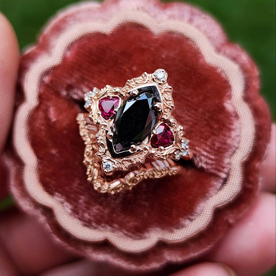 Marquise Black Diamond & Ruby Delilah Delicate Engagement Ring Set in 14k Rose Gold image 3