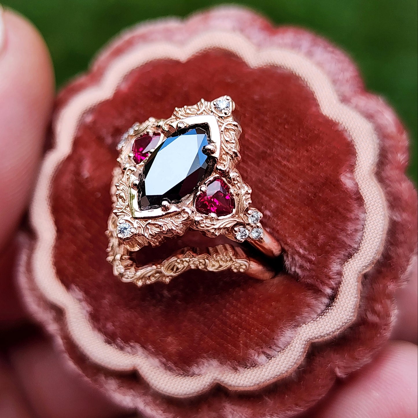 Marquise Black Diamond & Ruby Delilah Delicate Engagement Ring Set in 14k Rose Gold image 2