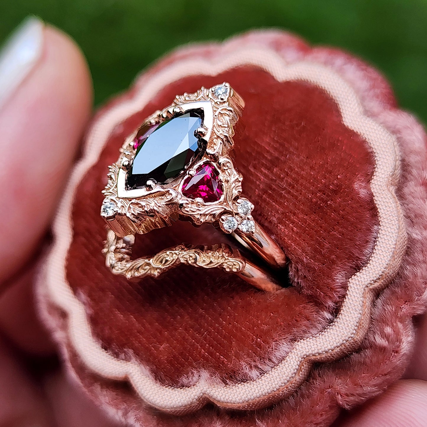 Marquise Black Diamond & Ruby Delilah Delicate Engagement Ring Set in 14k Rose Gold image 4