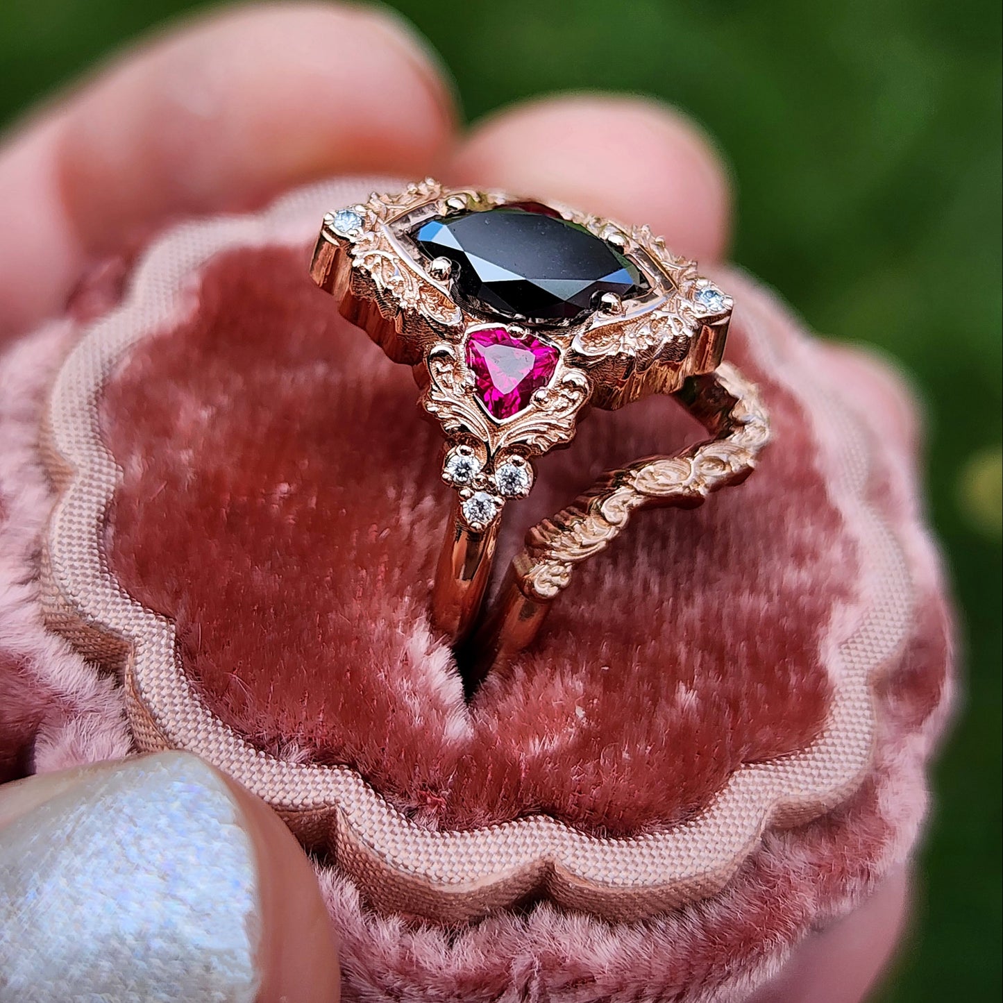 Marquise Black Diamond & Ruby Delilah Delicate Engagement Ring Set in 14k Rose Gold image 5