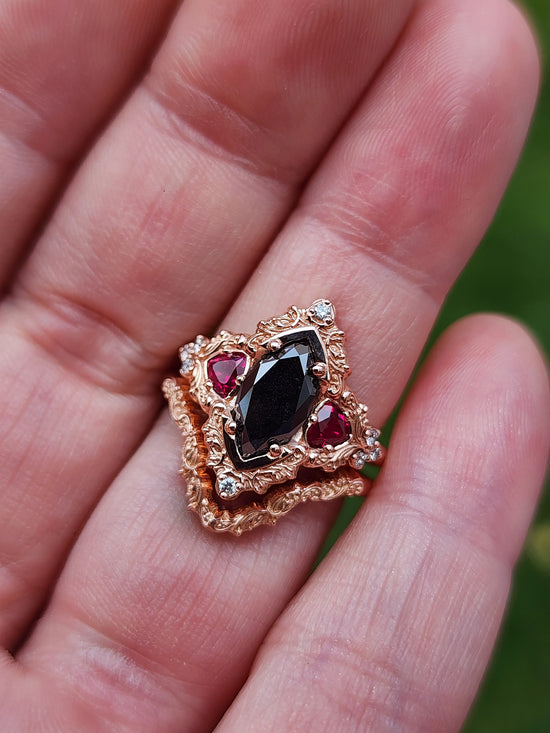 Marquise Black Diamond & Ruby Delilah Delicate Engagement Ring Set in 14k Rose Gold image 6