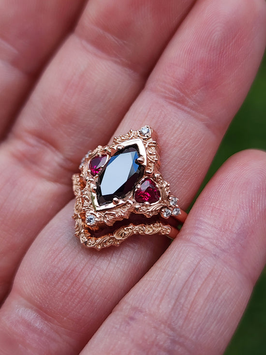 Marquise Black Diamond & Ruby Delilah Delicate Engagement Ring Set in 14k Rose Gold image 7