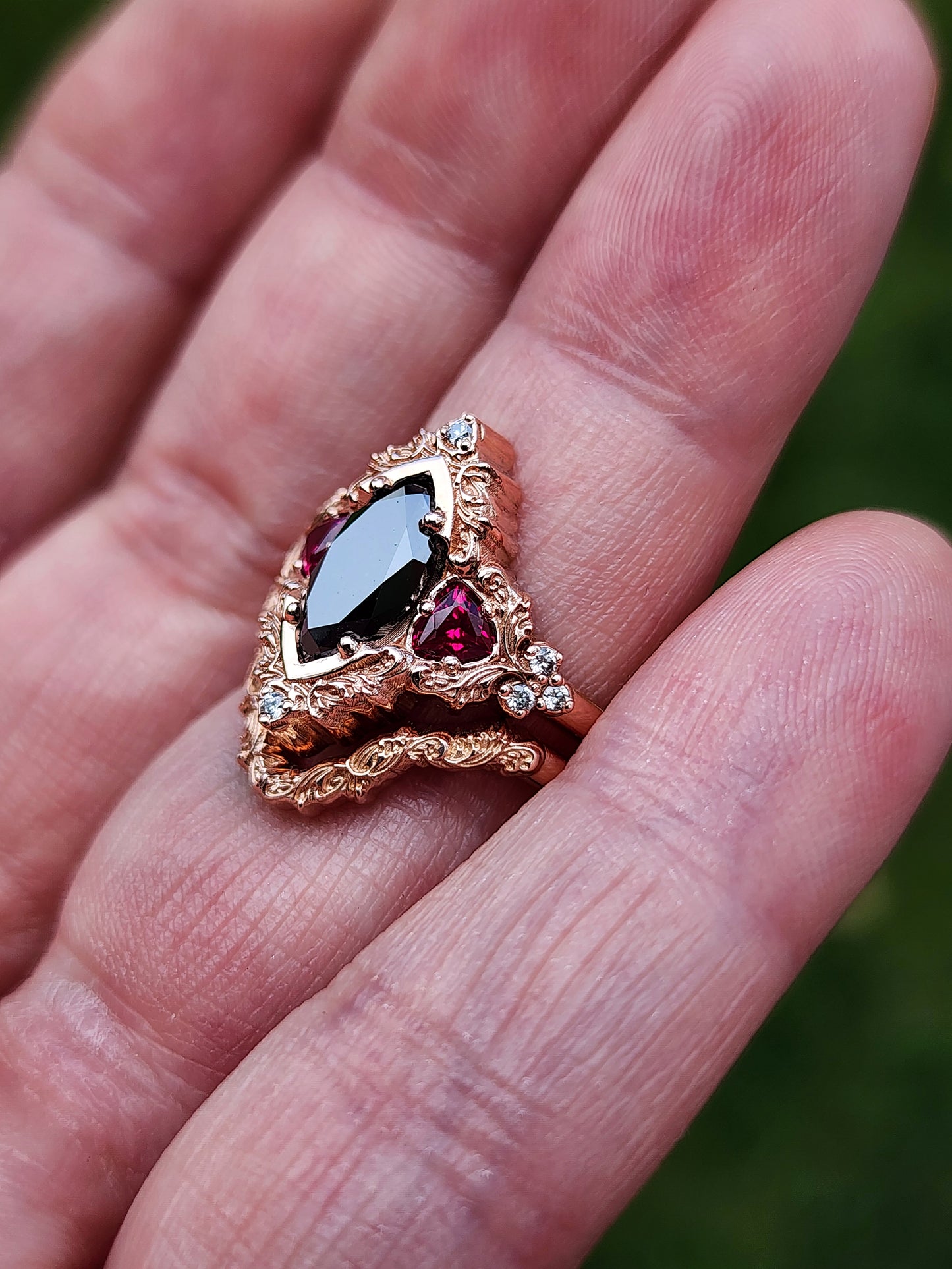 Marquise Black Diamond & Ruby Delilah Delicate Engagement Ring Set in 14k Rose Gold image 8