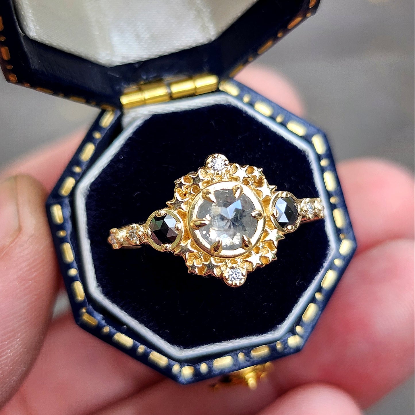 Gray Rose Cut Salt and Pepper Diamond Stardust Ring with Black and White Diamonds image 4