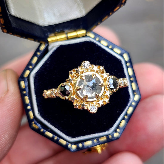 Gray Rose Cut Salt and Pepper Diamond Stardust Ring with Black and White Diamonds image 4