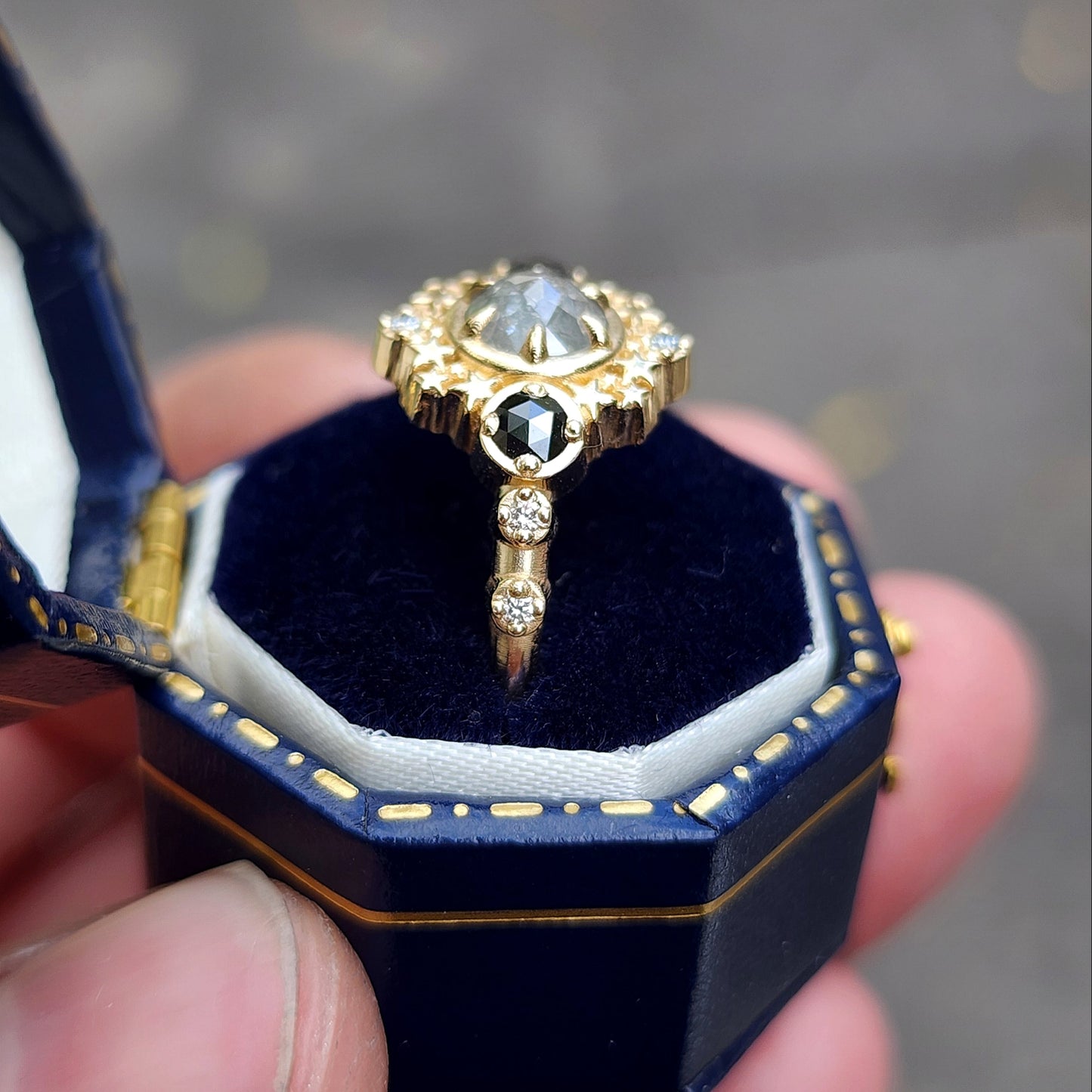 Gray Rose Cut Salt and Pepper Diamond Stardust Ring with Black and White Diamonds image 6