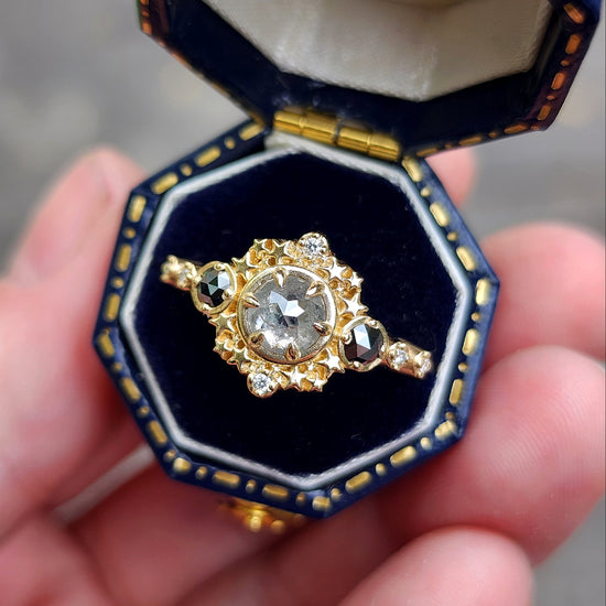  Gray Rose Cut Salt and Pepper Diamond Stardust Ring with Black and White Diamonds image 1