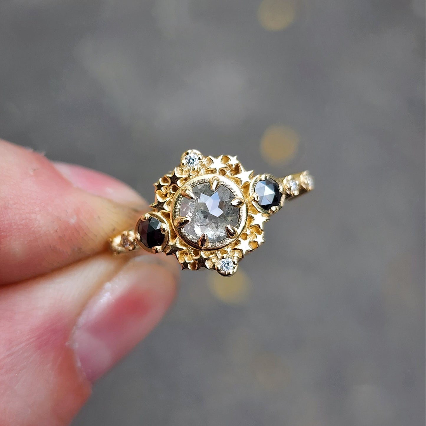 Gray Rose Cut Salt and Pepper Diamond Stardust Ring with Black and White Diamonds image 2